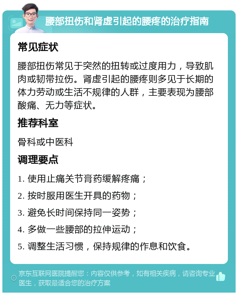 腰部扭伤和肾虚引起的腰疼的治疗指南 常见症状 腰部扭伤常见于突然的扭转或过度用力，导致肌肉或韧带拉伤。肾虚引起的腰疼则多见于长期的体力劳动或生活不规律的人群，主要表现为腰部酸痛、无力等症状。 推荐科室 骨科或中医科 调理要点 1. 使用止痛关节膏药缓解疼痛； 2. 按时服用医生开具的药物； 3. 避免长时间保持同一姿势； 4. 多做一些腰部的拉伸运动； 5. 调整生活习惯，保持规律的作息和饮食。