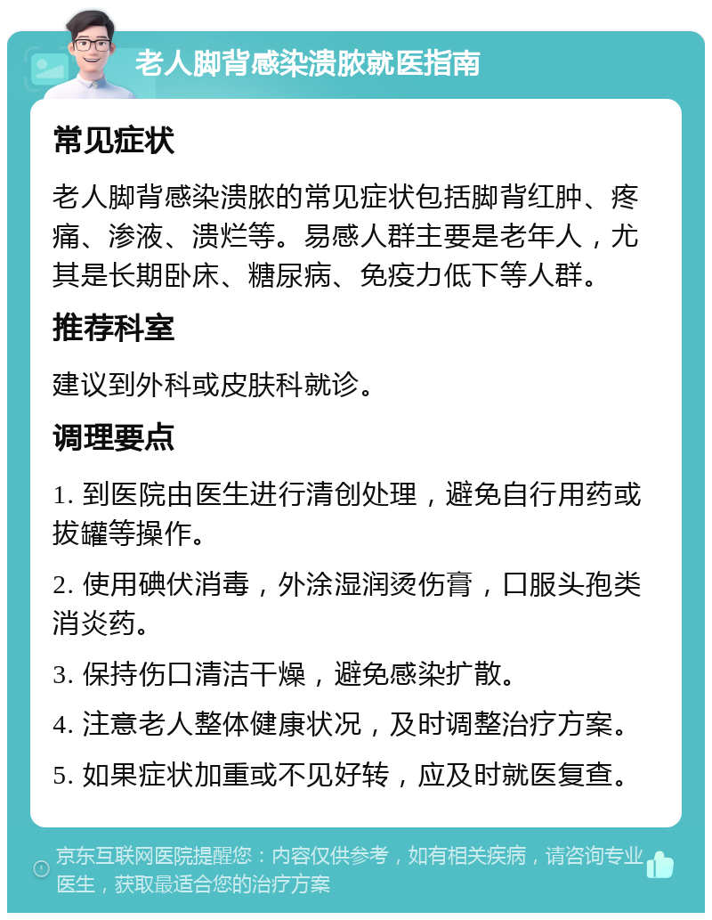 老人脚背感染溃脓就医指南 常见症状 老人脚背感染溃脓的常见症状包括脚背红肿、疼痛、渗液、溃烂等。易感人群主要是老年人，尤其是长期卧床、糖尿病、免疫力低下等人群。 推荐科室 建议到外科或皮肤科就诊。 调理要点 1. 到医院由医生进行清创处理，避免自行用药或拔罐等操作。 2. 使用碘伏消毒，外涂湿润烫伤膏，口服头孢类消炎药。 3. 保持伤口清洁干燥，避免感染扩散。 4. 注意老人整体健康状况，及时调整治疗方案。 5. 如果症状加重或不见好转，应及时就医复查。