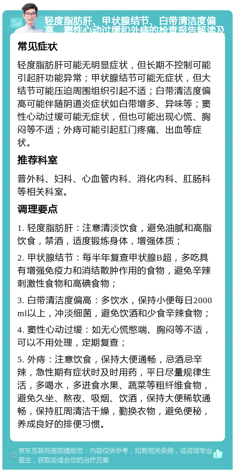 轻度脂肪肝、甲状腺结节、白带清洁度偏高、窦性心动过缓和外痔的检查报告解读及建议 常见症状 轻度脂肪肝可能无明显症状，但长期不控制可能引起肝功能异常；甲状腺结节可能无症状，但大结节可能压迫周围组织引起不适；白带清洁度偏高可能伴随阴道炎症状如白带增多、异味等；窦性心动过缓可能无症状，但也可能出现心慌、胸闷等不适；外痔可能引起肛门疼痛、出血等症状。 推荐科室 普外科、妇科、心血管内科、消化内科、肛肠科等相关科室。 调理要点 1. 轻度脂肪肝：注意清淡饮食，避免油腻和高脂饮食，禁酒，适度锻炼身体，增强体质； 2. 甲状腺结节：每半年复查甲状腺B超，多吃具有增强免疫力和消结散肿作用的食物，避免辛辣刺激性食物和高碘食物； 3. 白带清洁度偏高：多饮水，保持小便每日2000ml以上，冲淡细菌，避免饮酒和少食辛辣食物； 4. 窦性心动过缓：如无心慌憋喘、胸闷等不适，可以不用处理，定期复查； 5. 外痔：注意饮食，保持大便通畅，忌酒忌辛辣，急性期有症状时及时用药，平日尽量规律生活，多喝水，多进食水果、蔬菜等粗纤维食物，避免久坐、熬夜、吸烟、饮酒，保持大便稀软通畅，保持肛周清洁干燥，勤换衣物，避免便秘，养成良好的排便习惯。