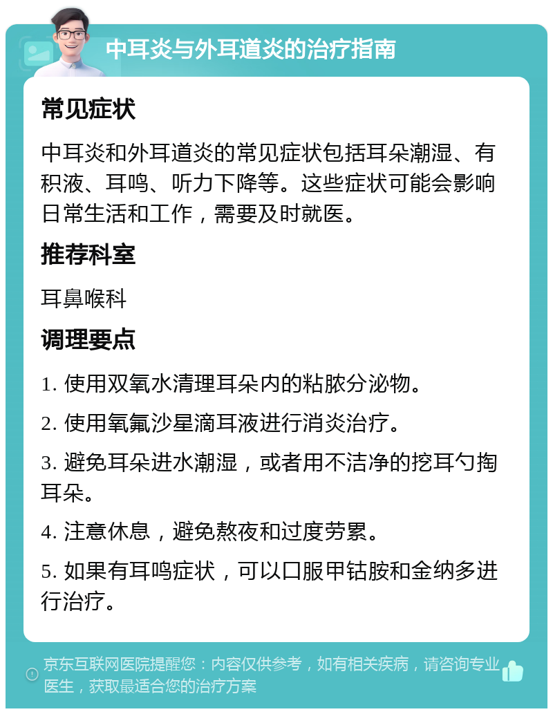 中耳炎与外耳道炎的治疗指南 常见症状 中耳炎和外耳道炎的常见症状包括耳朵潮湿、有积液、耳鸣、听力下降等。这些症状可能会影响日常生活和工作，需要及时就医。 推荐科室 耳鼻喉科 调理要点 1. 使用双氧水清理耳朵内的粘脓分泌物。 2. 使用氧氟沙星滴耳液进行消炎治疗。 3. 避免耳朵进水潮湿，或者用不洁净的挖耳勺掏耳朵。 4. 注意休息，避免熬夜和过度劳累。 5. 如果有耳鸣症状，可以口服甲钴胺和金纳多进行治疗。