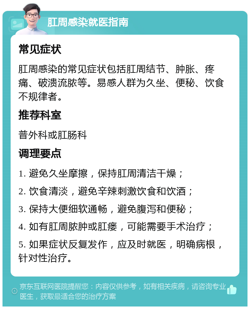 肛周感染就医指南 常见症状 肛周感染的常见症状包括肛周结节、肿胀、疼痛、破溃流脓等。易感人群为久坐、便秘、饮食不规律者。 推荐科室 普外科或肛肠科 调理要点 1. 避免久坐摩擦，保持肛周清洁干燥； 2. 饮食清淡，避免辛辣刺激饮食和饮酒； 3. 保持大便细软通畅，避免腹泻和便秘； 4. 如有肛周脓肿或肛瘘，可能需要手术治疗； 5. 如果症状反复发作，应及时就医，明确病根，针对性治疗。