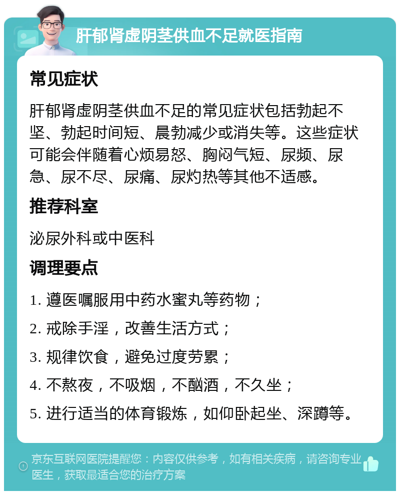 肝郁肾虚阴茎供血不足就医指南 常见症状 肝郁肾虚阴茎供血不足的常见症状包括勃起不坚、勃起时间短、晨勃减少或消失等。这些症状可能会伴随着心烦易怒、胸闷气短、尿频、尿急、尿不尽、尿痛、尿灼热等其他不适感。 推荐科室 泌尿外科或中医科 调理要点 1. 遵医嘱服用中药水蜜丸等药物； 2. 戒除手淫，改善生活方式； 3. 规律饮食，避免过度劳累； 4. 不熬夜，不吸烟，不酗酒，不久坐； 5. 进行适当的体育锻炼，如仰卧起坐、深蹲等。