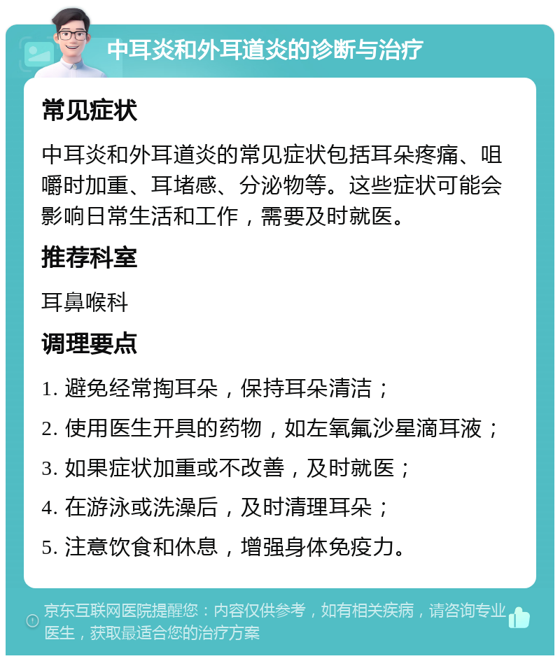 中耳炎和外耳道炎的诊断与治疗 常见症状 中耳炎和外耳道炎的常见症状包括耳朵疼痛、咀嚼时加重、耳堵感、分泌物等。这些症状可能会影响日常生活和工作，需要及时就医。 推荐科室 耳鼻喉科 调理要点 1. 避免经常掏耳朵，保持耳朵清洁； 2. 使用医生开具的药物，如左氧氟沙星滴耳液； 3. 如果症状加重或不改善，及时就医； 4. 在游泳或洗澡后，及时清理耳朵； 5. 注意饮食和休息，增强身体免疫力。