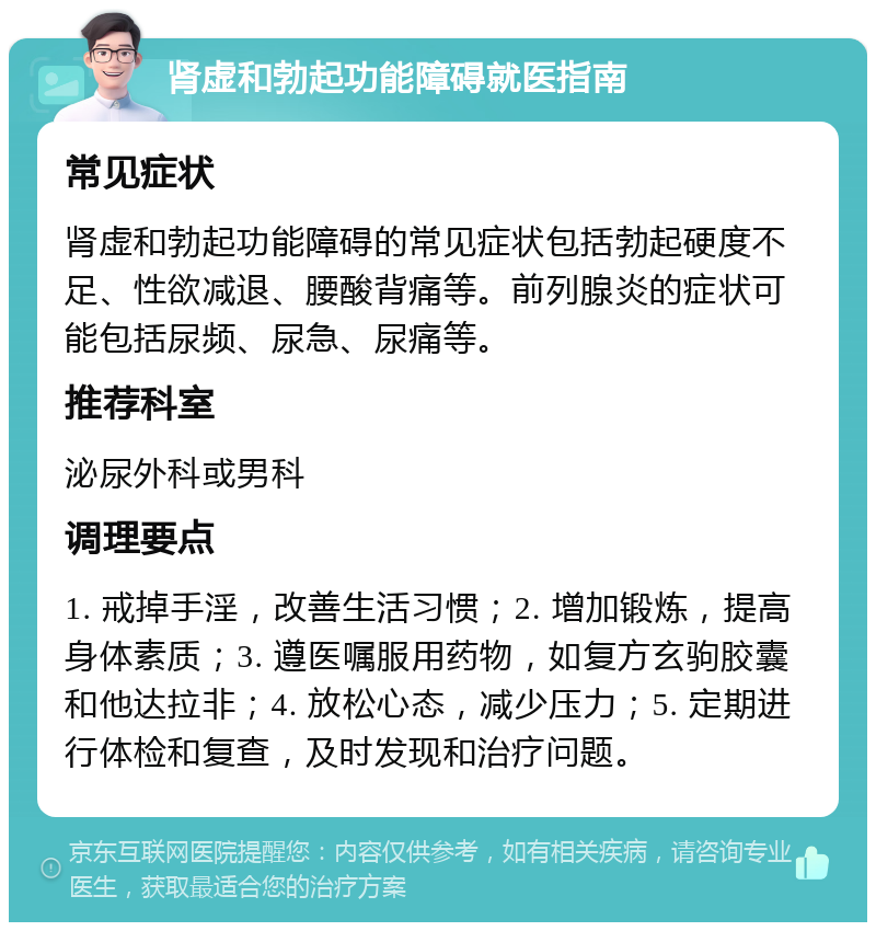 肾虚和勃起功能障碍就医指南 常见症状 肾虚和勃起功能障碍的常见症状包括勃起硬度不足、性欲减退、腰酸背痛等。前列腺炎的症状可能包括尿频、尿急、尿痛等。 推荐科室 泌尿外科或男科 调理要点 1. 戒掉手淫，改善生活习惯；2. 增加锻炼，提高身体素质；3. 遵医嘱服用药物，如复方玄驹胶囊和他达拉非；4. 放松心态，减少压力；5. 定期进行体检和复查，及时发现和治疗问题。