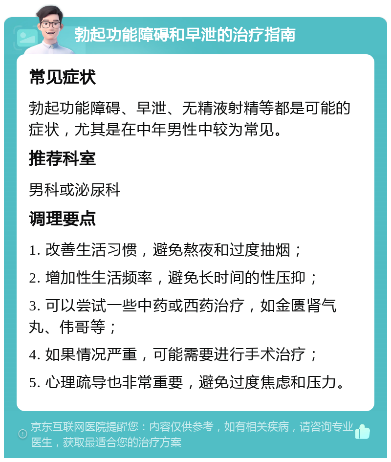 勃起功能障碍和早泄的治疗指南 常见症状 勃起功能障碍、早泄、无精液射精等都是可能的症状，尤其是在中年男性中较为常见。 推荐科室 男科或泌尿科 调理要点 1. 改善生活习惯，避免熬夜和过度抽烟； 2. 增加性生活频率，避免长时间的性压抑； 3. 可以尝试一些中药或西药治疗，如金匮肾气丸、伟哥等； 4. 如果情况严重，可能需要进行手术治疗； 5. 心理疏导也非常重要，避免过度焦虑和压力。