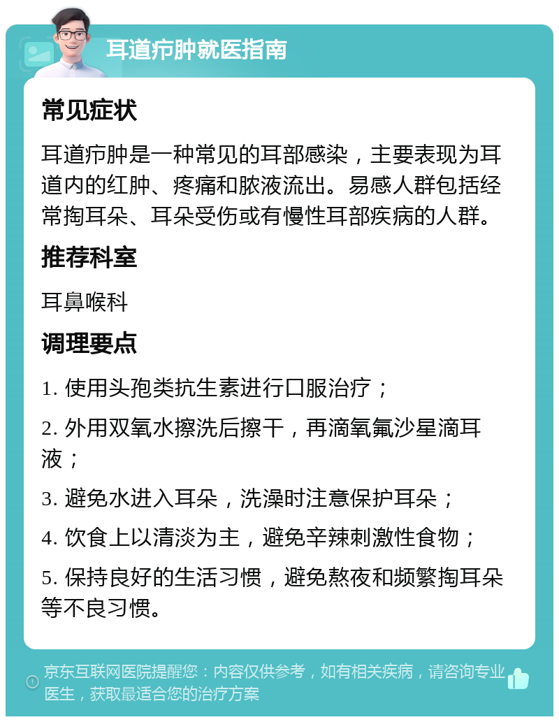 耳道疖肿就医指南 常见症状 耳道疖肿是一种常见的耳部感染，主要表现为耳道内的红肿、疼痛和脓液流出。易感人群包括经常掏耳朵、耳朵受伤或有慢性耳部疾病的人群。 推荐科室 耳鼻喉科 调理要点 1. 使用头孢类抗生素进行口服治疗； 2. 外用双氧水擦洗后擦干，再滴氧氟沙星滴耳液； 3. 避免水进入耳朵，洗澡时注意保护耳朵； 4. 饮食上以清淡为主，避免辛辣刺激性食物； 5. 保持良好的生活习惯，避免熬夜和频繁掏耳朵等不良习惯。