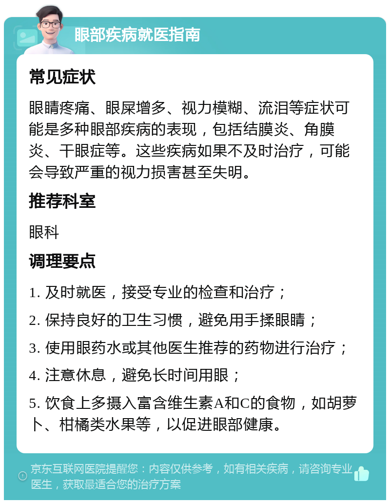 眼部疾病就医指南 常见症状 眼睛疼痛、眼屎增多、视力模糊、流泪等症状可能是多种眼部疾病的表现，包括结膜炎、角膜炎、干眼症等。这些疾病如果不及时治疗，可能会导致严重的视力损害甚至失明。 推荐科室 眼科 调理要点 1. 及时就医，接受专业的检查和治疗； 2. 保持良好的卫生习惯，避免用手揉眼睛； 3. 使用眼药水或其他医生推荐的药物进行治疗； 4. 注意休息，避免长时间用眼； 5. 饮食上多摄入富含维生素A和C的食物，如胡萝卜、柑橘类水果等，以促进眼部健康。