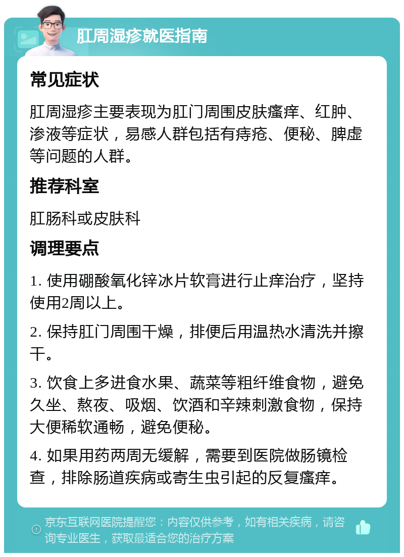 肛周湿疹就医指南 常见症状 肛周湿疹主要表现为肛门周围皮肤瘙痒、红肿、渗液等症状，易感人群包括有痔疮、便秘、脾虚等问题的人群。 推荐科室 肛肠科或皮肤科 调理要点 1. 使用硼酸氧化锌冰片软膏进行止痒治疗，坚持使用2周以上。 2. 保持肛门周围干燥，排便后用温热水清洗并擦干。 3. 饮食上多进食水果、蔬菜等粗纤维食物，避免久坐、熬夜、吸烟、饮酒和辛辣刺激食物，保持大便稀软通畅，避免便秘。 4. 如果用药两周无缓解，需要到医院做肠镜检查，排除肠道疾病或寄生虫引起的反复瘙痒。