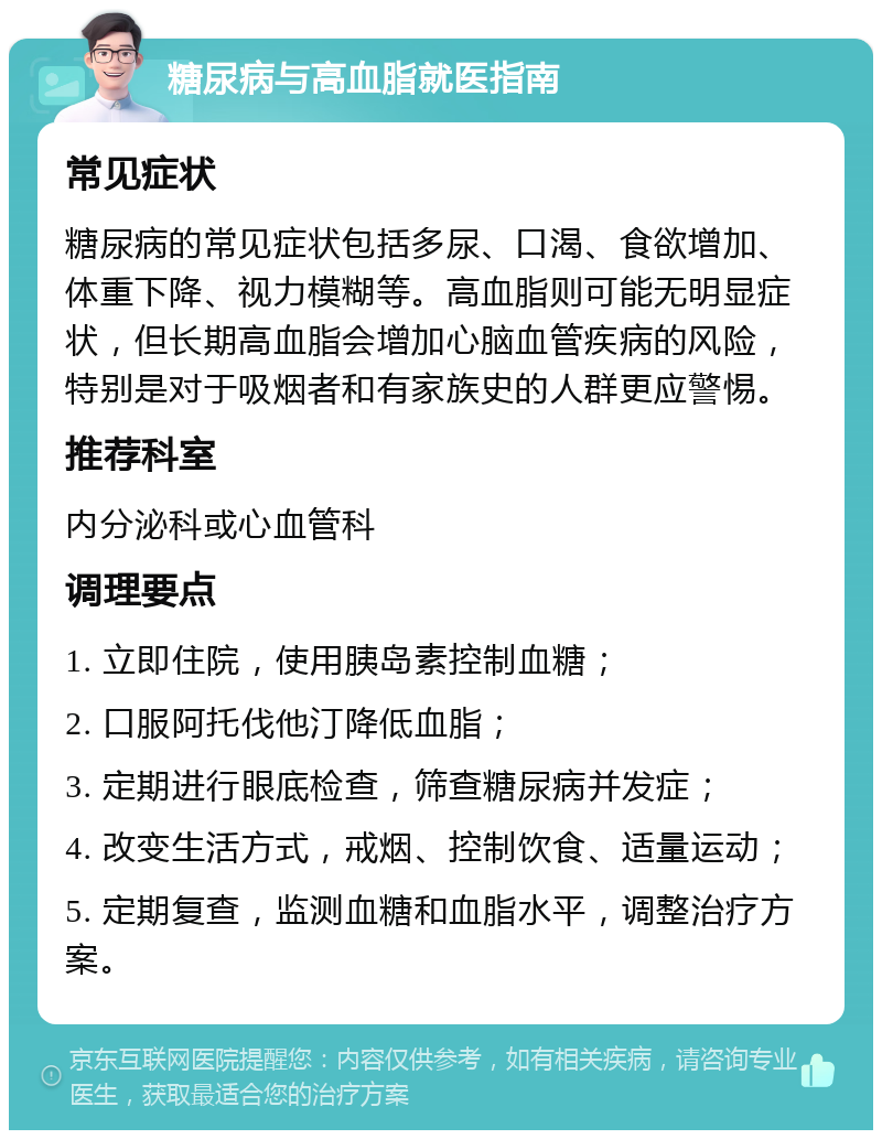 糖尿病与高血脂就医指南 常见症状 糖尿病的常见症状包括多尿、口渴、食欲增加、体重下降、视力模糊等。高血脂则可能无明显症状，但长期高血脂会增加心脑血管疾病的风险，特别是对于吸烟者和有家族史的人群更应警惕。 推荐科室 内分泌科或心血管科 调理要点 1. 立即住院，使用胰岛素控制血糖； 2. 口服阿托伐他汀降低血脂； 3. 定期进行眼底检查，筛查糖尿病并发症； 4. 改变生活方式，戒烟、控制饮食、适量运动； 5. 定期复查，监测血糖和血脂水平，调整治疗方案。