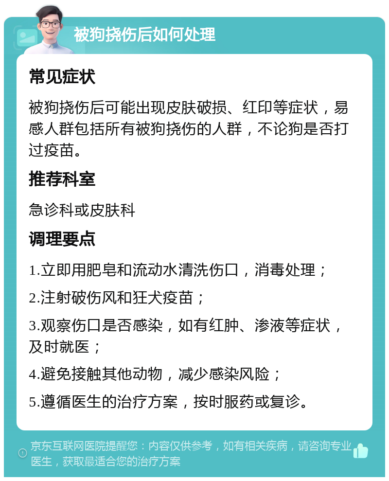 被狗挠伤后如何处理 常见症状 被狗挠伤后可能出现皮肤破损、红印等症状，易感人群包括所有被狗挠伤的人群，不论狗是否打过疫苗。 推荐科室 急诊科或皮肤科 调理要点 1.立即用肥皂和流动水清洗伤口，消毒处理； 2.注射破伤风和狂犬疫苗； 3.观察伤口是否感染，如有红肿、渗液等症状，及时就医； 4.避免接触其他动物，减少感染风险； 5.遵循医生的治疗方案，按时服药或复诊。