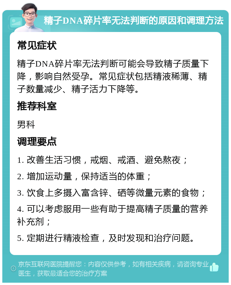 精子DNA碎片率无法判断的原因和调理方法 常见症状 精子DNA碎片率无法判断可能会导致精子质量下降，影响自然受孕。常见症状包括精液稀薄、精子数量减少、精子活力下降等。 推荐科室 男科 调理要点 1. 改善生活习惯，戒烟、戒酒、避免熬夜； 2. 增加运动量，保持适当的体重； 3. 饮食上多摄入富含锌、硒等微量元素的食物； 4. 可以考虑服用一些有助于提高精子质量的营养补充剂； 5. 定期进行精液检查，及时发现和治疗问题。