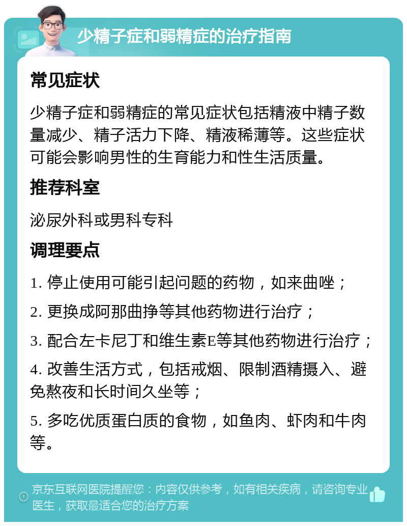 少精子症和弱精症的治疗指南 常见症状 少精子症和弱精症的常见症状包括精液中精子数量减少、精子活力下降、精液稀薄等。这些症状可能会影响男性的生育能力和性生活质量。 推荐科室 泌尿外科或男科专科 调理要点 1. 停止使用可能引起问题的药物，如来曲唑； 2. 更换成阿那曲挣等其他药物进行治疗； 3. 配合左卡尼丁和维生素E等其他药物进行治疗； 4. 改善生活方式，包括戒烟、限制酒精摄入、避免熬夜和长时间久坐等； 5. 多吃优质蛋白质的食物，如鱼肉、虾肉和牛肉等。