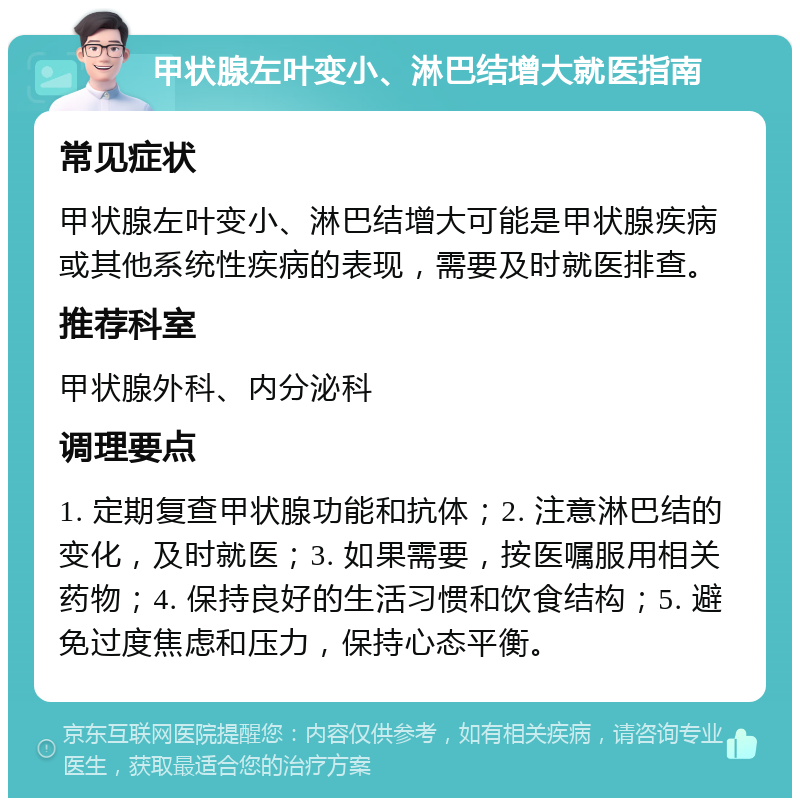 甲状腺左叶变小、淋巴结增大就医指南 常见症状 甲状腺左叶变小、淋巴结增大可能是甲状腺疾病或其他系统性疾病的表现，需要及时就医排查。 推荐科室 甲状腺外科、内分泌科 调理要点 1. 定期复查甲状腺功能和抗体；2. 注意淋巴结的变化，及时就医；3. 如果需要，按医嘱服用相关药物；4. 保持良好的生活习惯和饮食结构；5. 避免过度焦虑和压力，保持心态平衡。