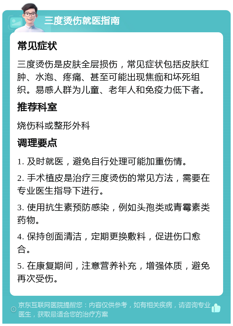 三度烫伤就医指南 常见症状 三度烫伤是皮肤全层损伤，常见症状包括皮肤红肿、水泡、疼痛、甚至可能出现焦痂和坏死组织。易感人群为儿童、老年人和免疫力低下者。 推荐科室 烧伤科或整形外科 调理要点 1. 及时就医，避免自行处理可能加重伤情。 2. 手术植皮是治疗三度烫伤的常见方法，需要在专业医生指导下进行。 3. 使用抗生素预防感染，例如头孢类或青霉素类药物。 4. 保持创面清洁，定期更换敷料，促进伤口愈合。 5. 在康复期间，注意营养补充，增强体质，避免再次受伤。