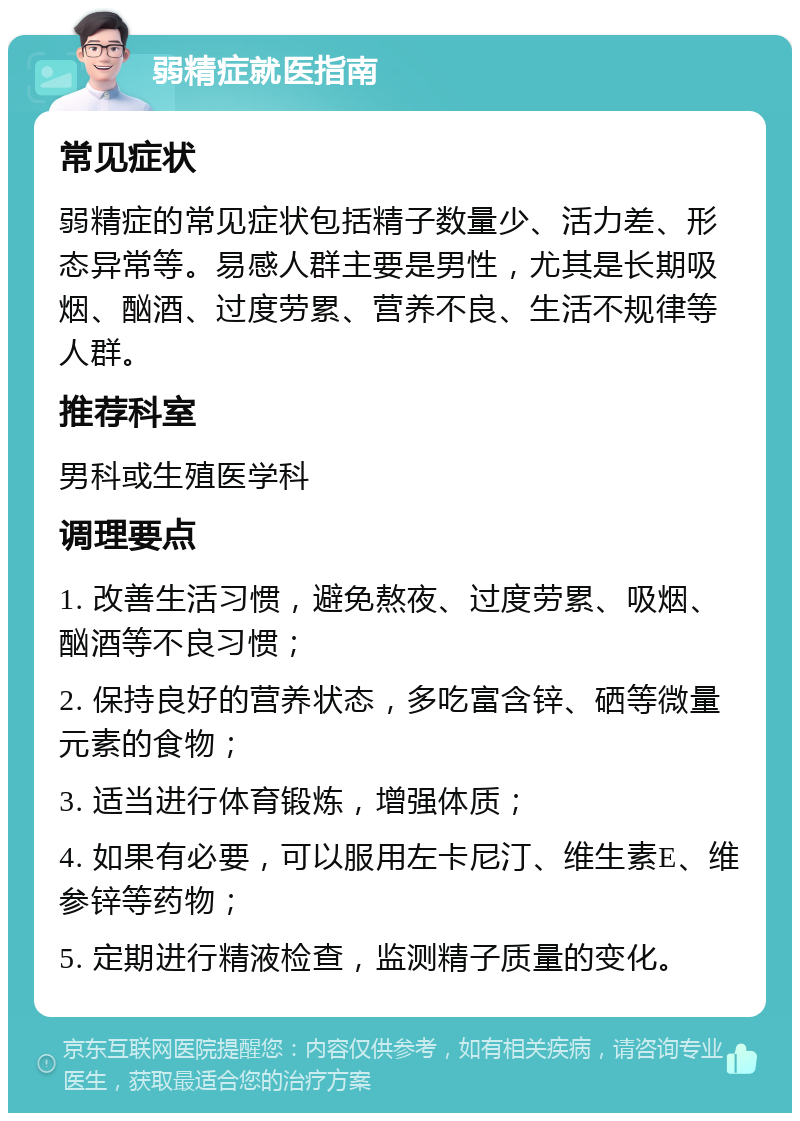 弱精症就医指南 常见症状 弱精症的常见症状包括精子数量少、活力差、形态异常等。易感人群主要是男性，尤其是长期吸烟、酗酒、过度劳累、营养不良、生活不规律等人群。 推荐科室 男科或生殖医学科 调理要点 1. 改善生活习惯，避免熬夜、过度劳累、吸烟、酗酒等不良习惯； 2. 保持良好的营养状态，多吃富含锌、硒等微量元素的食物； 3. 适当进行体育锻炼，增强体质； 4. 如果有必要，可以服用左卡尼汀、维生素E、维参锌等药物； 5. 定期进行精液检查，监测精子质量的变化。