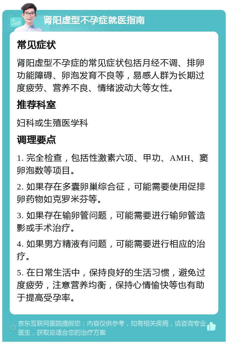 肾阳虚型不孕症就医指南 常见症状 肾阳虚型不孕症的常见症状包括月经不调、排卵功能障碍、卵泡发育不良等，易感人群为长期过度疲劳、营养不良、情绪波动大等女性。 推荐科室 妇科或生殖医学科 调理要点 1. 完全检查，包括性激素六项、甲功、AMH、窦卵泡数等项目。 2. 如果存在多囊卵巢综合征，可能需要使用促排卵药物如克罗米芬等。 3. 如果存在输卵管问题，可能需要进行输卵管造影或手术治疗。 4. 如果男方精液有问题，可能需要进行相应的治疗。 5. 在日常生活中，保持良好的生活习惯，避免过度疲劳，注意营养均衡，保持心情愉快等也有助于提高受孕率。