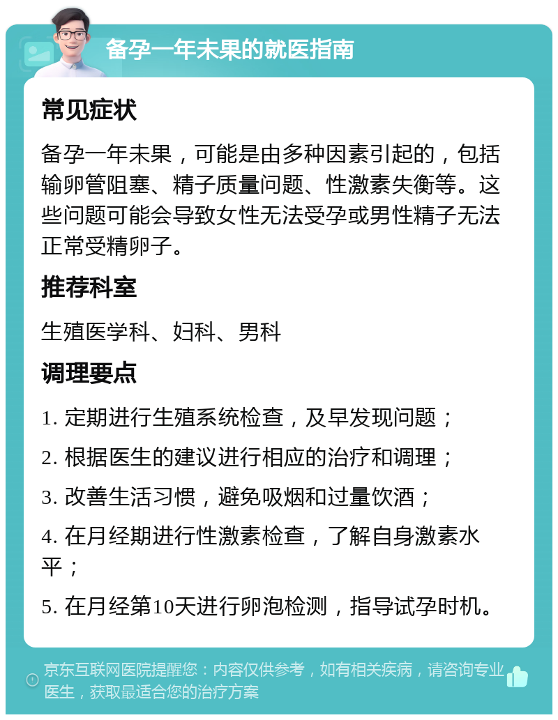 备孕一年未果的就医指南 常见症状 备孕一年未果，可能是由多种因素引起的，包括输卵管阻塞、精子质量问题、性激素失衡等。这些问题可能会导致女性无法受孕或男性精子无法正常受精卵子。 推荐科室 生殖医学科、妇科、男科 调理要点 1. 定期进行生殖系统检查，及早发现问题； 2. 根据医生的建议进行相应的治疗和调理； 3. 改善生活习惯，避免吸烟和过量饮酒； 4. 在月经期进行性激素检查，了解自身激素水平； 5. 在月经第10天进行卵泡检测，指导试孕时机。