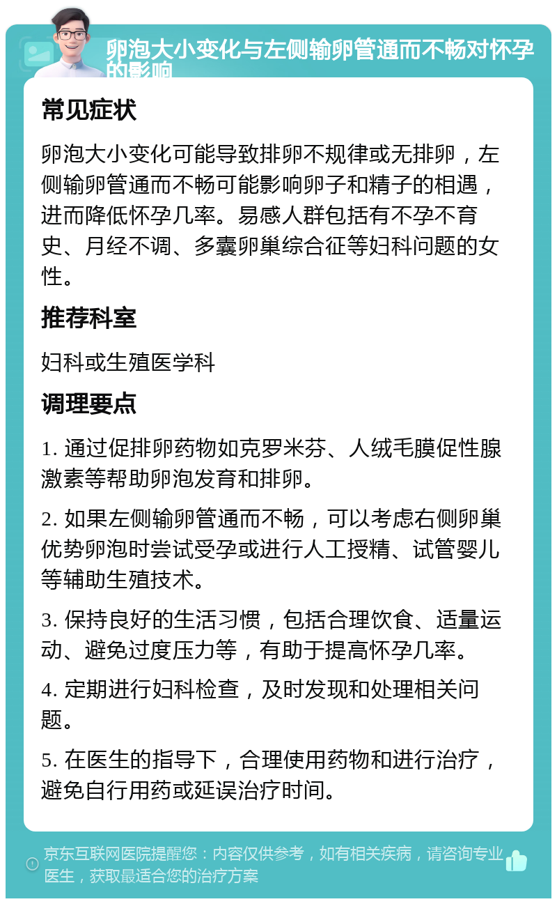 卵泡大小变化与左侧输卵管通而不畅对怀孕的影响 常见症状 卵泡大小变化可能导致排卵不规律或无排卵，左侧输卵管通而不畅可能影响卵子和精子的相遇，进而降低怀孕几率。易感人群包括有不孕不育史、月经不调、多囊卵巢综合征等妇科问题的女性。 推荐科室 妇科或生殖医学科 调理要点 1. 通过促排卵药物如克罗米芬、人绒毛膜促性腺激素等帮助卵泡发育和排卵。 2. 如果左侧输卵管通而不畅，可以考虑右侧卵巢优势卵泡时尝试受孕或进行人工授精、试管婴儿等辅助生殖技术。 3. 保持良好的生活习惯，包括合理饮食、适量运动、避免过度压力等，有助于提高怀孕几率。 4. 定期进行妇科检查，及时发现和处理相关问题。 5. 在医生的指导下，合理使用药物和进行治疗，避免自行用药或延误治疗时间。