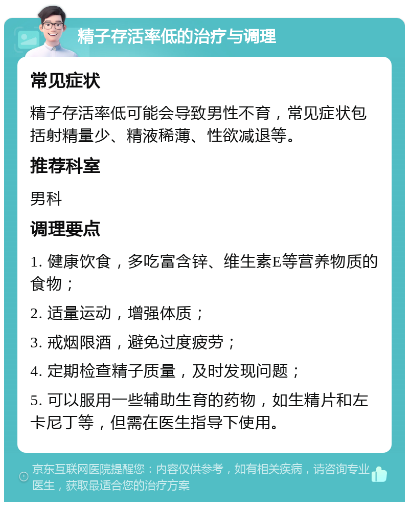 精子存活率低的治疗与调理 常见症状 精子存活率低可能会导致男性不育，常见症状包括射精量少、精液稀薄、性欲减退等。 推荐科室 男科 调理要点 1. 健康饮食，多吃富含锌、维生素E等营养物质的食物； 2. 适量运动，增强体质； 3. 戒烟限酒，避免过度疲劳； 4. 定期检查精子质量，及时发现问题； 5. 可以服用一些辅助生育的药物，如生精片和左卡尼丁等，但需在医生指导下使用。