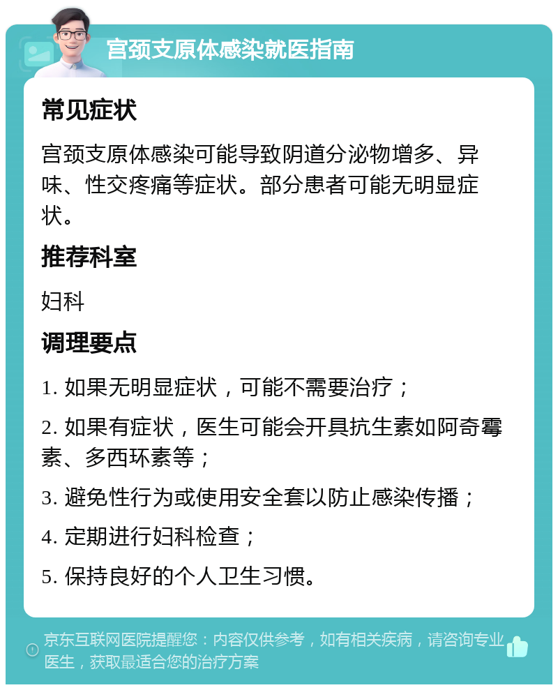 宫颈支原体感染就医指南 常见症状 宫颈支原体感染可能导致阴道分泌物增多、异味、性交疼痛等症状。部分患者可能无明显症状。 推荐科室 妇科 调理要点 1. 如果无明显症状，可能不需要治疗； 2. 如果有症状，医生可能会开具抗生素如阿奇霉素、多西环素等； 3. 避免性行为或使用安全套以防止感染传播； 4. 定期进行妇科检查； 5. 保持良好的个人卫生习惯。