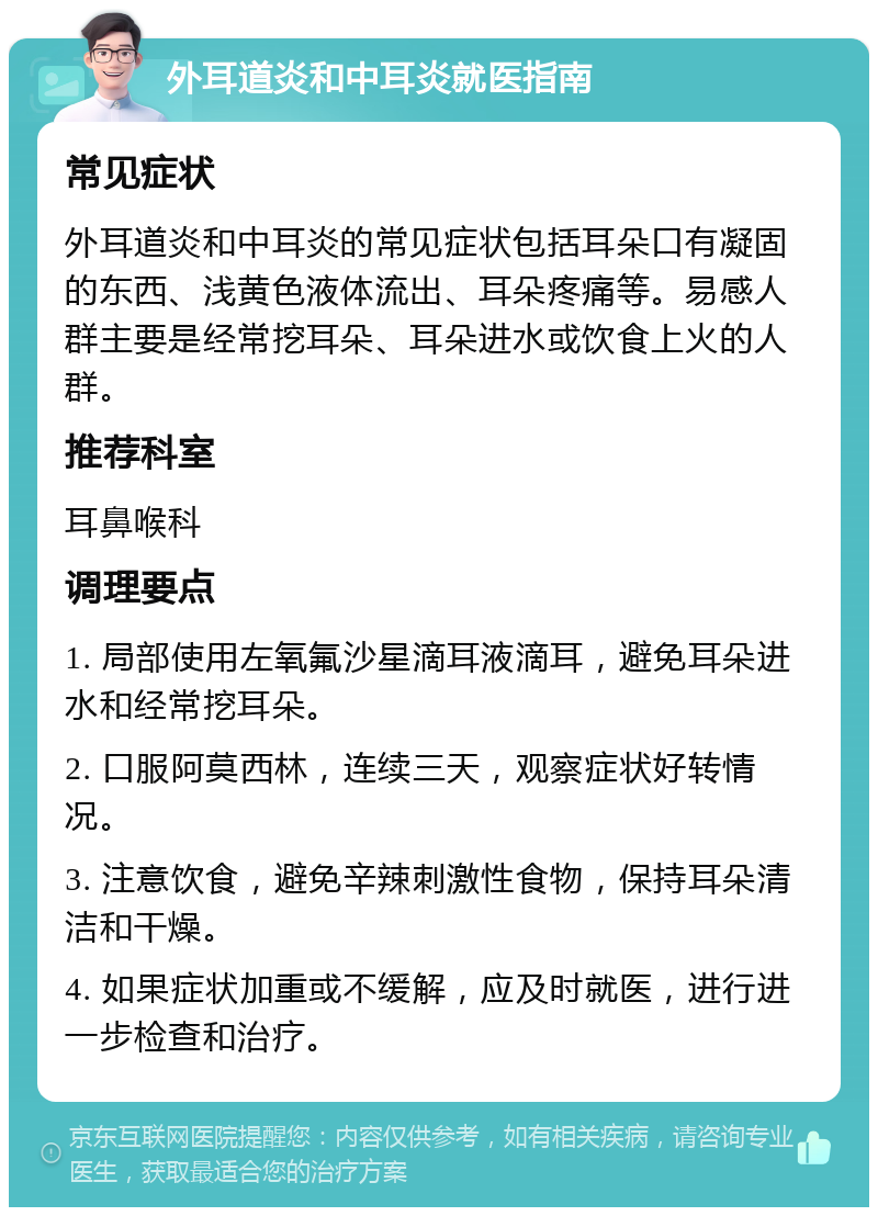 外耳道炎和中耳炎就医指南 常见症状 外耳道炎和中耳炎的常见症状包括耳朵口有凝固的东西、浅黄色液体流出、耳朵疼痛等。易感人群主要是经常挖耳朵、耳朵进水或饮食上火的人群。 推荐科室 耳鼻喉科 调理要点 1. 局部使用左氧氟沙星滴耳液滴耳，避免耳朵进水和经常挖耳朵。 2. 口服阿莫西林，连续三天，观察症状好转情况。 3. 注意饮食，避免辛辣刺激性食物，保持耳朵清洁和干燥。 4. 如果症状加重或不缓解，应及时就医，进行进一步检查和治疗。