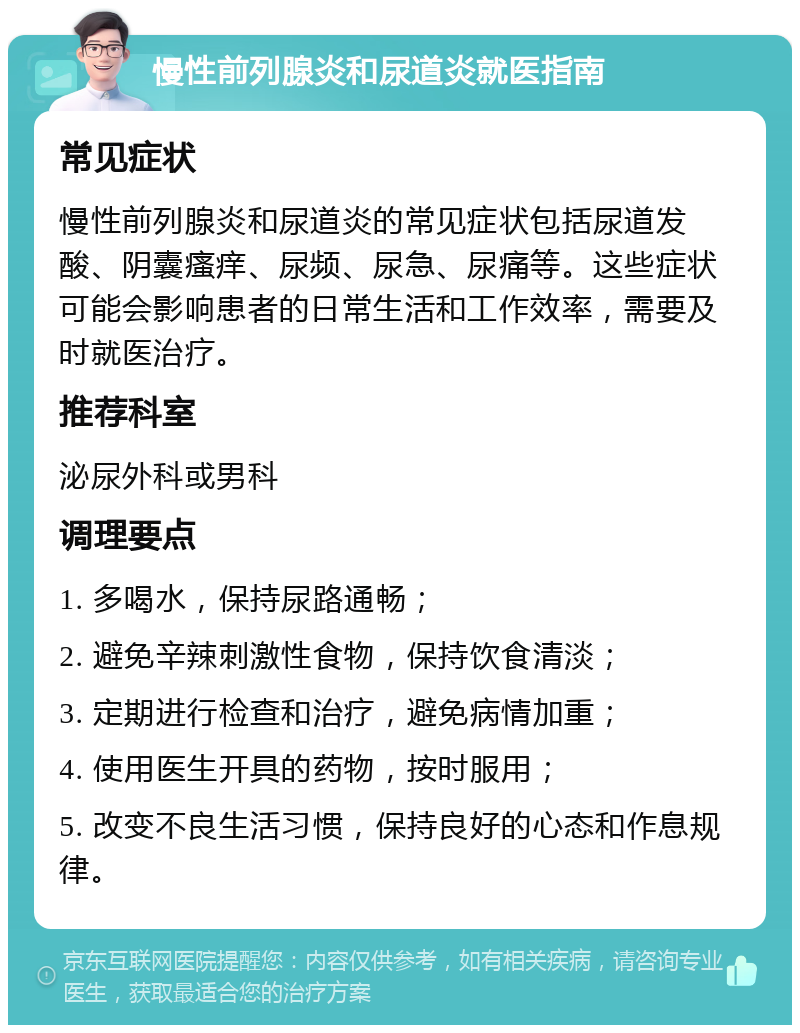 慢性前列腺炎和尿道炎就医指南 常见症状 慢性前列腺炎和尿道炎的常见症状包括尿道发酸、阴囊瘙痒、尿频、尿急、尿痛等。这些症状可能会影响患者的日常生活和工作效率，需要及时就医治疗。 推荐科室 泌尿外科或男科 调理要点 1. 多喝水，保持尿路通畅； 2. 避免辛辣刺激性食物，保持饮食清淡； 3. 定期进行检查和治疗，避免病情加重； 4. 使用医生开具的药物，按时服用； 5. 改变不良生活习惯，保持良好的心态和作息规律。