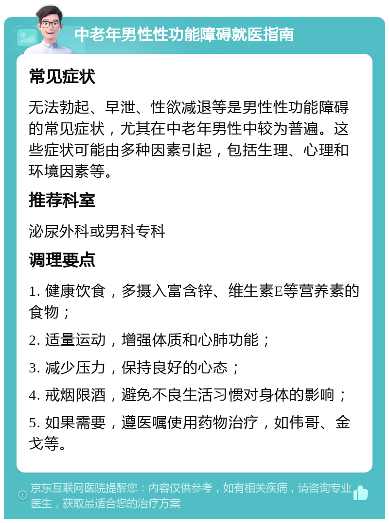 中老年男性性功能障碍就医指南 常见症状 无法勃起、早泄、性欲减退等是男性性功能障碍的常见症状，尤其在中老年男性中较为普遍。这些症状可能由多种因素引起，包括生理、心理和环境因素等。 推荐科室 泌尿外科或男科专科 调理要点 1. 健康饮食，多摄入富含锌、维生素E等营养素的食物； 2. 适量运动，增强体质和心肺功能； 3. 减少压力，保持良好的心态； 4. 戒烟限酒，避免不良生活习惯对身体的影响； 5. 如果需要，遵医嘱使用药物治疗，如伟哥、金戈等。