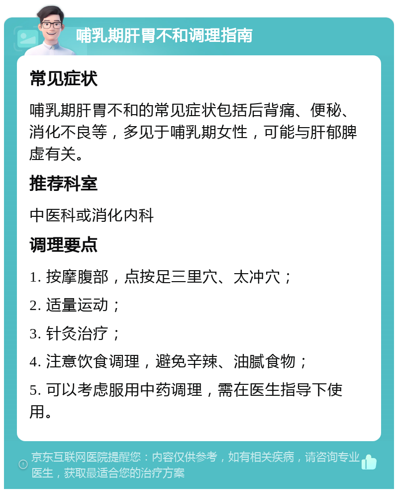 哺乳期肝胃不和调理指南 常见症状 哺乳期肝胃不和的常见症状包括后背痛、便秘、消化不良等，多见于哺乳期女性，可能与肝郁脾虚有关。 推荐科室 中医科或消化内科 调理要点 1. 按摩腹部，点按足三里穴、太冲穴； 2. 适量运动； 3. 针灸治疗； 4. 注意饮食调理，避免辛辣、油腻食物； 5. 可以考虑服用中药调理，需在医生指导下使用。