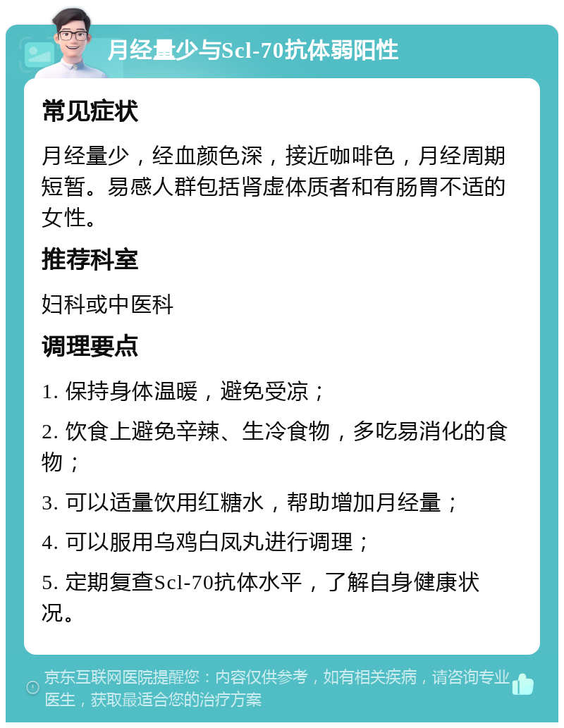 月经量少与Scl-70抗体弱阳性 常见症状 月经量少，经血颜色深，接近咖啡色，月经周期短暂。易感人群包括肾虚体质者和有肠胃不适的女性。 推荐科室 妇科或中医科 调理要点 1. 保持身体温暖，避免受凉； 2. 饮食上避免辛辣、生冷食物，多吃易消化的食物； 3. 可以适量饮用红糖水，帮助增加月经量； 4. 可以服用乌鸡白凤丸进行调理； 5. 定期复查Scl-70抗体水平，了解自身健康状况。