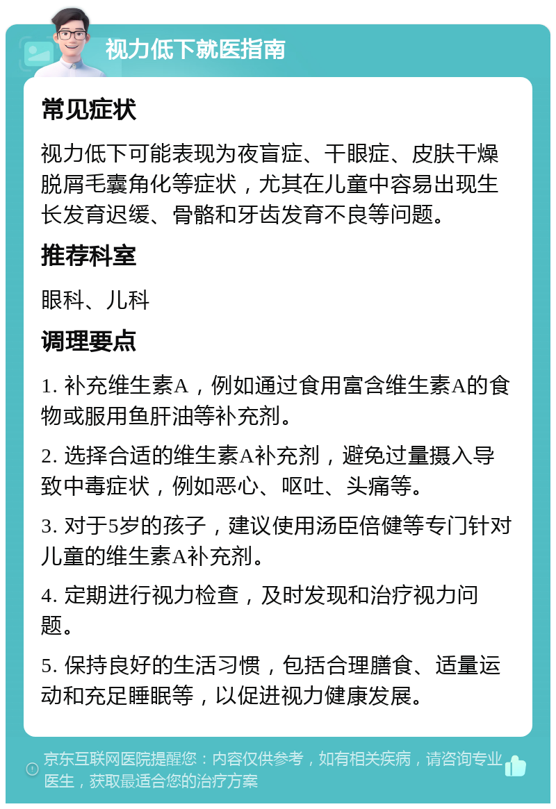 视力低下就医指南 常见症状 视力低下可能表现为夜盲症、干眼症、皮肤干燥脱屑毛囊角化等症状，尤其在儿童中容易出现生长发育迟缓、骨骼和牙齿发育不良等问题。 推荐科室 眼科、儿科 调理要点 1. 补充维生素A，例如通过食用富含维生素A的食物或服用鱼肝油等补充剂。 2. 选择合适的维生素A补充剂，避免过量摄入导致中毒症状，例如恶心、呕吐、头痛等。 3. 对于5岁的孩子，建议使用汤臣倍健等专门针对儿童的维生素A补充剂。 4. 定期进行视力检查，及时发现和治疗视力问题。 5. 保持良好的生活习惯，包括合理膳食、适量运动和充足睡眠等，以促进视力健康发展。