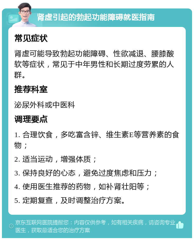 肾虚引起的勃起功能障碍就医指南 常见症状 肾虚可能导致勃起功能障碍、性欲减退、腰膝酸软等症状，常见于中年男性和长期过度劳累的人群。 推荐科室 泌尿外科或中医科 调理要点 1. 合理饮食，多吃富含锌、维生素E等营养素的食物； 2. 适当运动，增强体质； 3. 保持良好的心态，避免过度焦虑和压力； 4. 使用医生推荐的药物，如补肾壮阳等； 5. 定期复查，及时调整治疗方案。