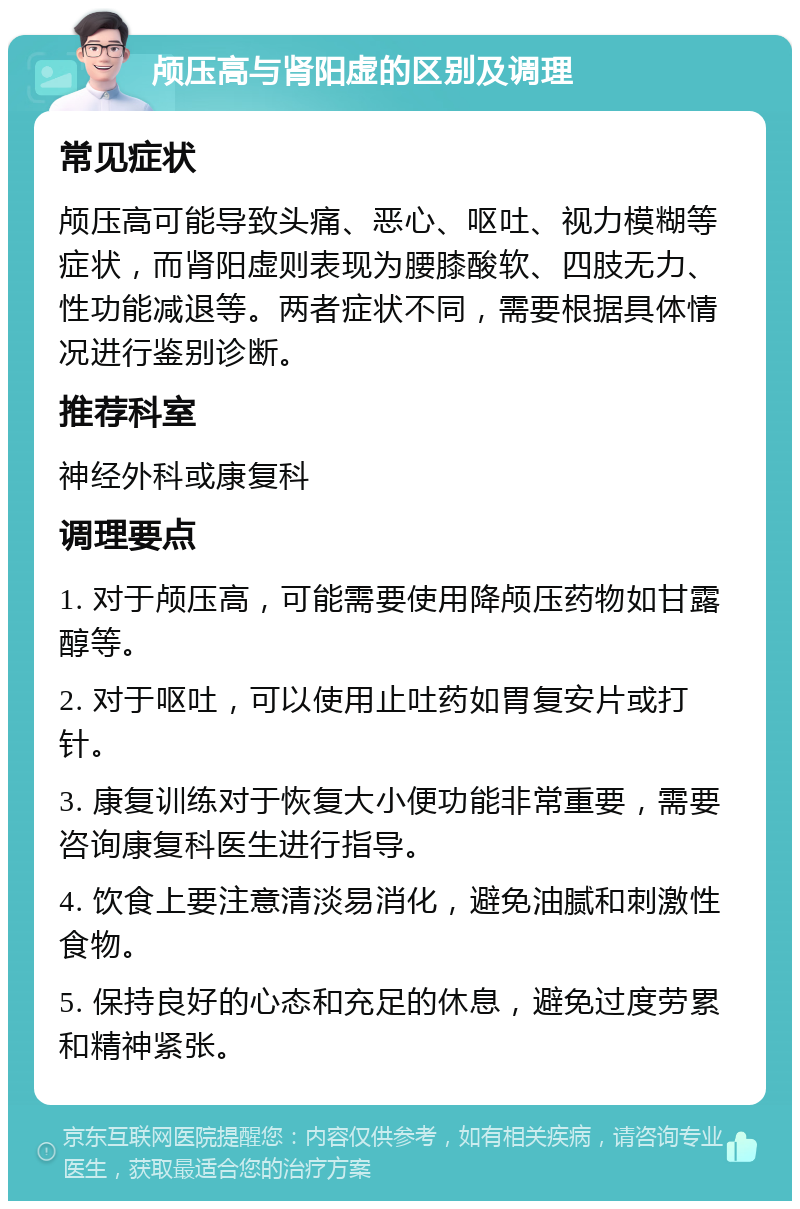 颅压高与肾阳虚的区别及调理 常见症状 颅压高可能导致头痛、恶心、呕吐、视力模糊等症状，而肾阳虚则表现为腰膝酸软、四肢无力、性功能减退等。两者症状不同，需要根据具体情况进行鉴别诊断。 推荐科室 神经外科或康复科 调理要点 1. 对于颅压高，可能需要使用降颅压药物如甘露醇等。 2. 对于呕吐，可以使用止吐药如胃复安片或打针。 3. 康复训练对于恢复大小便功能非常重要，需要咨询康复科医生进行指导。 4. 饮食上要注意清淡易消化，避免油腻和刺激性食物。 5. 保持良好的心态和充足的休息，避免过度劳累和精神紧张。