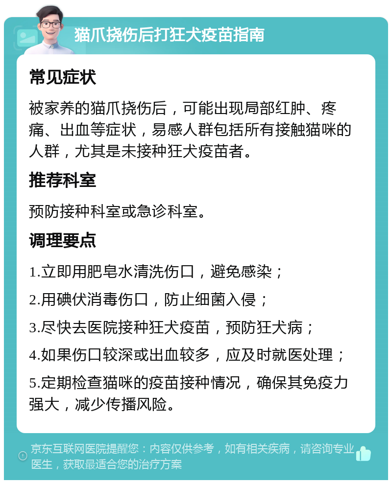 猫爪挠伤后打狂犬疫苗指南 常见症状 被家养的猫爪挠伤后，可能出现局部红肿、疼痛、出血等症状，易感人群包括所有接触猫咪的人群，尤其是未接种狂犬疫苗者。 推荐科室 预防接种科室或急诊科室。 调理要点 1.立即用肥皂水清洗伤口，避免感染； 2.用碘伏消毒伤口，防止细菌入侵； 3.尽快去医院接种狂犬疫苗，预防狂犬病； 4.如果伤口较深或出血较多，应及时就医处理； 5.定期检查猫咪的疫苗接种情况，确保其免疫力强大，减少传播风险。