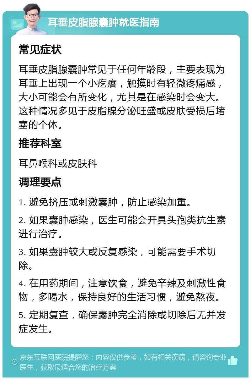 耳垂皮脂腺囊肿就医指南 常见症状 耳垂皮脂腺囊肿常见于任何年龄段，主要表现为耳垂上出现一个小疙瘩，触摸时有轻微疼痛感，大小可能会有所变化，尤其是在感染时会变大。这种情况多见于皮脂腺分泌旺盛或皮肤受损后堵塞的个体。 推荐科室 耳鼻喉科或皮肤科 调理要点 1. 避免挤压或刺激囊肿，防止感染加重。 2. 如果囊肿感染，医生可能会开具头孢类抗生素进行治疗。 3. 如果囊肿较大或反复感染，可能需要手术切除。 4. 在用药期间，注意饮食，避免辛辣及刺激性食物，多喝水，保持良好的生活习惯，避免熬夜。 5. 定期复查，确保囊肿完全消除或切除后无并发症发生。