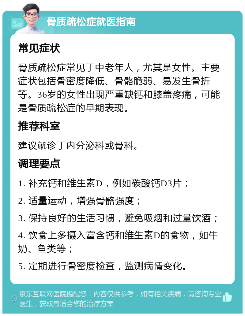 骨质疏松症就医指南 常见症状 骨质疏松症常见于中老年人，尤其是女性。主要症状包括骨密度降低、骨骼脆弱、易发生骨折等。36岁的女性出现严重缺钙和膝盖疼痛，可能是骨质疏松症的早期表现。 推荐科室 建议就诊于内分泌科或骨科。 调理要点 1. 补充钙和维生素D，例如碳酸钙D3片； 2. 适量运动，增强骨骼强度； 3. 保持良好的生活习惯，避免吸烟和过量饮酒； 4. 饮食上多摄入富含钙和维生素D的食物，如牛奶、鱼类等； 5. 定期进行骨密度检查，监测病情变化。