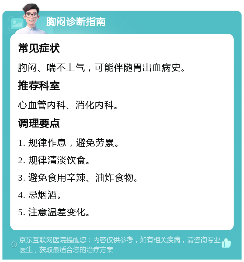 胸闷诊断指南 常见症状 胸闷、喘不上气，可能伴随胃出血病史。 推荐科室 心血管内科、消化内科。 调理要点 1. 规律作息，避免劳累。 2. 规律清淡饮食。 3. 避免食用辛辣、油炸食物。 4. 忌烟酒。 5. 注意温差变化。