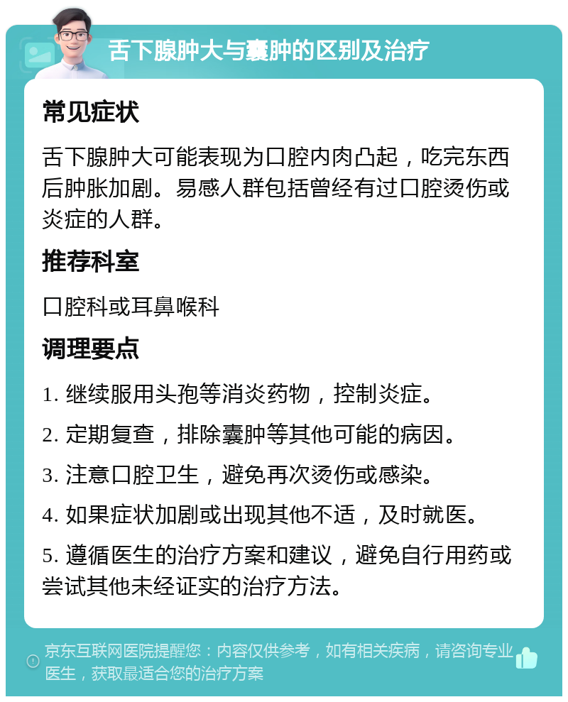 舌下腺肿大与囊肿的区别及治疗 常见症状 舌下腺肿大可能表现为口腔内肉凸起，吃完东西后肿胀加剧。易感人群包括曾经有过口腔烫伤或炎症的人群。 推荐科室 口腔科或耳鼻喉科 调理要点 1. 继续服用头孢等消炎药物，控制炎症。 2. 定期复查，排除囊肿等其他可能的病因。 3. 注意口腔卫生，避免再次烫伤或感染。 4. 如果症状加剧或出现其他不适，及时就医。 5. 遵循医生的治疗方案和建议，避免自行用药或尝试其他未经证实的治疗方法。