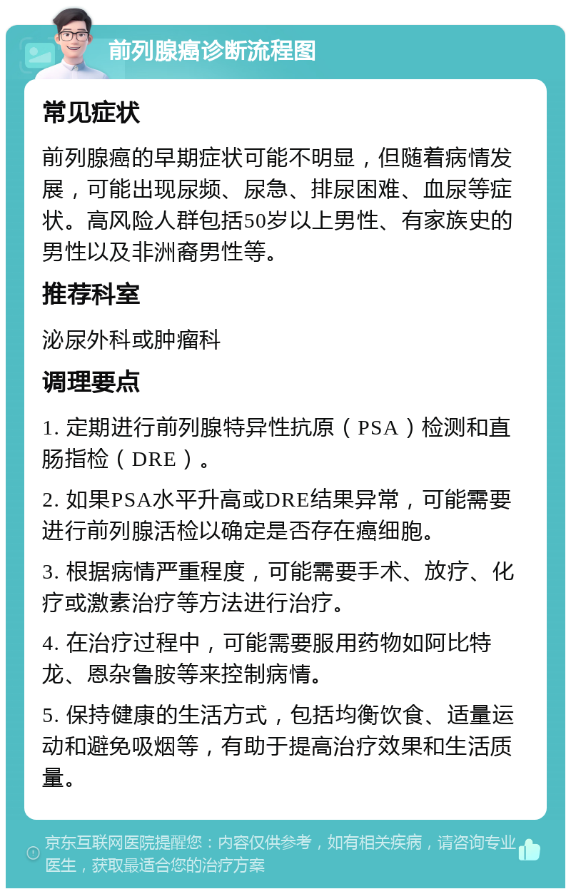 前列腺癌诊断流程图 常见症状 前列腺癌的早期症状可能不明显，但随着病情发展，可能出现尿频、尿急、排尿困难、血尿等症状。高风险人群包括50岁以上男性、有家族史的男性以及非洲裔男性等。 推荐科室 泌尿外科或肿瘤科 调理要点 1. 定期进行前列腺特异性抗原（PSA）检测和直肠指检（DRE）。 2. 如果PSA水平升高或DRE结果异常，可能需要进行前列腺活检以确定是否存在癌细胞。 3. 根据病情严重程度，可能需要手术、放疗、化疗或激素治疗等方法进行治疗。 4. 在治疗过程中，可能需要服用药物如阿比特龙、恩杂鲁胺等来控制病情。 5. 保持健康的生活方式，包括均衡饮食、适量运动和避免吸烟等，有助于提高治疗效果和生活质量。