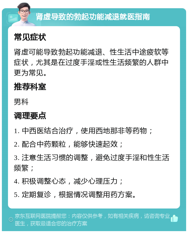 肾虚导致的勃起功能减退就医指南 常见症状 肾虚可能导致勃起功能减退、性生活中途疲软等症状，尤其是在过度手淫或性生活频繁的人群中更为常见。 推荐科室 男科 调理要点 1. 中西医结合治疗，使用西地那非等药物； 2. 配合中药颗粒，能够快速起效； 3. 注意生活习惯的调整，避免过度手淫和性生活频繁； 4. 积极调整心态，减少心理压力； 5. 定期复诊，根据情况调整用药方案。