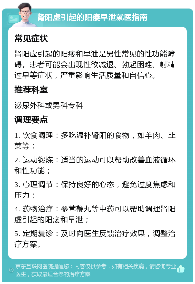 肾阳虚引起的阳痿早泄就医指南 常见症状 肾阳虚引起的阳痿和早泄是男性常见的性功能障碍。患者可能会出现性欲减退、勃起困难、射精过早等症状，严重影响生活质量和自信心。 推荐科室 泌尿外科或男科专科 调理要点 1. 饮食调理：多吃温补肾阳的食物，如羊肉、韭菜等； 2. 运动锻炼：适当的运动可以帮助改善血液循环和性功能； 3. 心理调节：保持良好的心态，避免过度焦虑和压力； 4. 药物治疗：参茸鞭丸等中药可以帮助调理肾阳虚引起的阳痿和早泄； 5. 定期复诊：及时向医生反馈治疗效果，调整治疗方案。