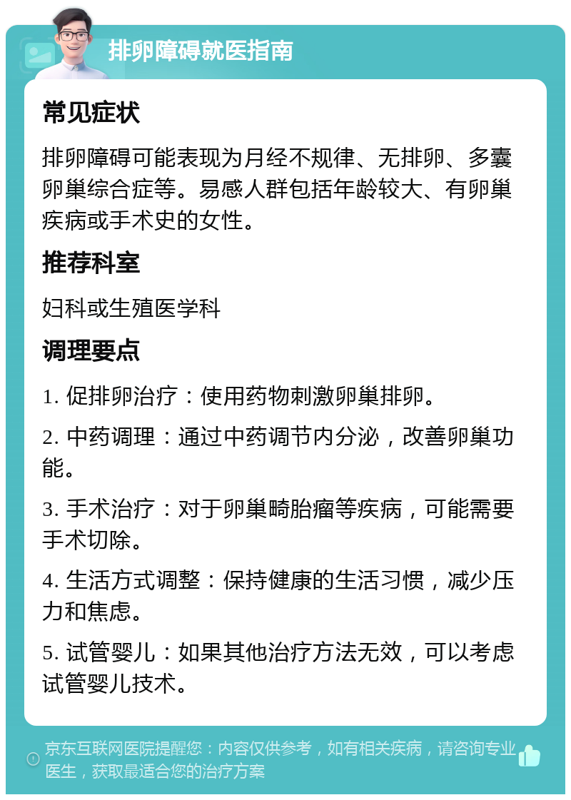 排卵障碍就医指南 常见症状 排卵障碍可能表现为月经不规律、无排卵、多囊卵巢综合症等。易感人群包括年龄较大、有卵巢疾病或手术史的女性。 推荐科室 妇科或生殖医学科 调理要点 1. 促排卵治疗：使用药物刺激卵巢排卵。 2. 中药调理：通过中药调节内分泌，改善卵巢功能。 3. 手术治疗：对于卵巢畸胎瘤等疾病，可能需要手术切除。 4. 生活方式调整：保持健康的生活习惯，减少压力和焦虑。 5. 试管婴儿：如果其他治疗方法无效，可以考虑试管婴儿技术。