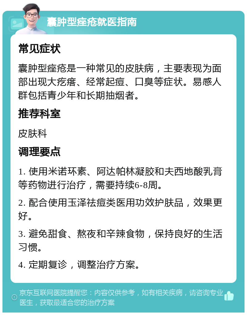 囊肿型痤疮就医指南 常见症状 囊肿型痤疮是一种常见的皮肤病，主要表现为面部出现大疙瘩、经常起痘、口臭等症状。易感人群包括青少年和长期抽烟者。 推荐科室 皮肤科 调理要点 1. 使用米诺环素、阿达帕林凝胶和夫西地酸乳膏等药物进行治疗，需要持续6-8周。 2. 配合使用玉泽祛痘类医用功效护肤品，效果更好。 3. 避免甜食、熬夜和辛辣食物，保持良好的生活习惯。 4. 定期复诊，调整治疗方案。