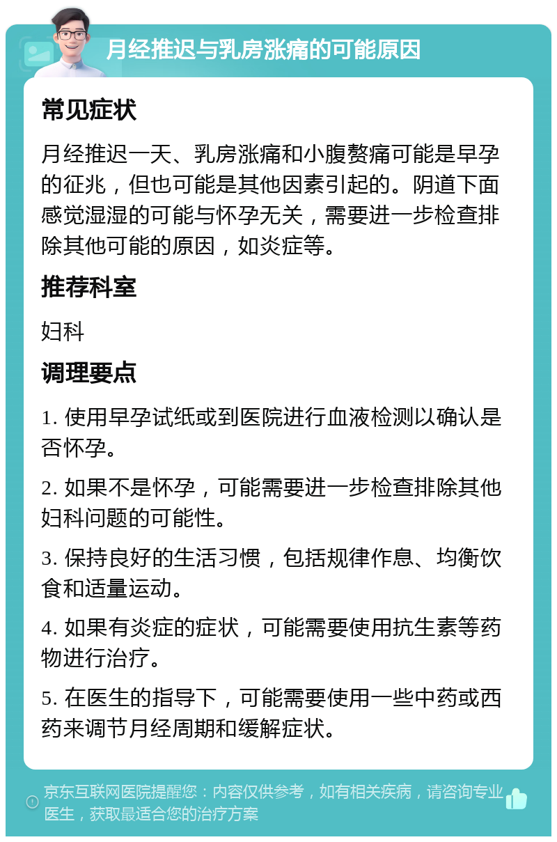 月经推迟与乳房涨痛的可能原因 常见症状 月经推迟一天、乳房涨痛和小腹赘痛可能是早孕的征兆，但也可能是其他因素引起的。阴道下面感觉湿湿的可能与怀孕无关，需要进一步检查排除其他可能的原因，如炎症等。 推荐科室 妇科 调理要点 1. 使用早孕试纸或到医院进行血液检测以确认是否怀孕。 2. 如果不是怀孕，可能需要进一步检查排除其他妇科问题的可能性。 3. 保持良好的生活习惯，包括规律作息、均衡饮食和适量运动。 4. 如果有炎症的症状，可能需要使用抗生素等药物进行治疗。 5. 在医生的指导下，可能需要使用一些中药或西药来调节月经周期和缓解症状。