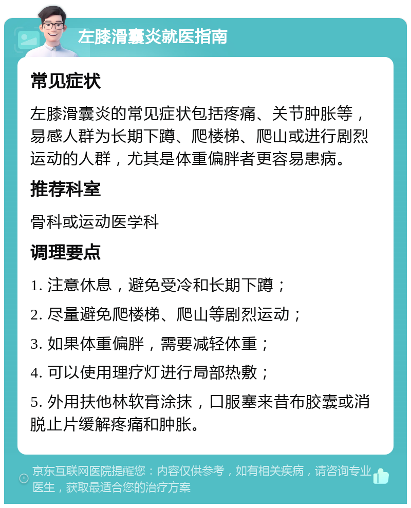 左膝滑囊炎就医指南 常见症状 左膝滑囊炎的常见症状包括疼痛、关节肿胀等，易感人群为长期下蹲、爬楼梯、爬山或进行剧烈运动的人群，尤其是体重偏胖者更容易患病。 推荐科室 骨科或运动医学科 调理要点 1. 注意休息，避免受冷和长期下蹲； 2. 尽量避免爬楼梯、爬山等剧烈运动； 3. 如果体重偏胖，需要减轻体重； 4. 可以使用理疗灯进行局部热敷； 5. 外用扶他林软膏涂抹，口服塞来昔布胶囊或消脱止片缓解疼痛和肿胀。