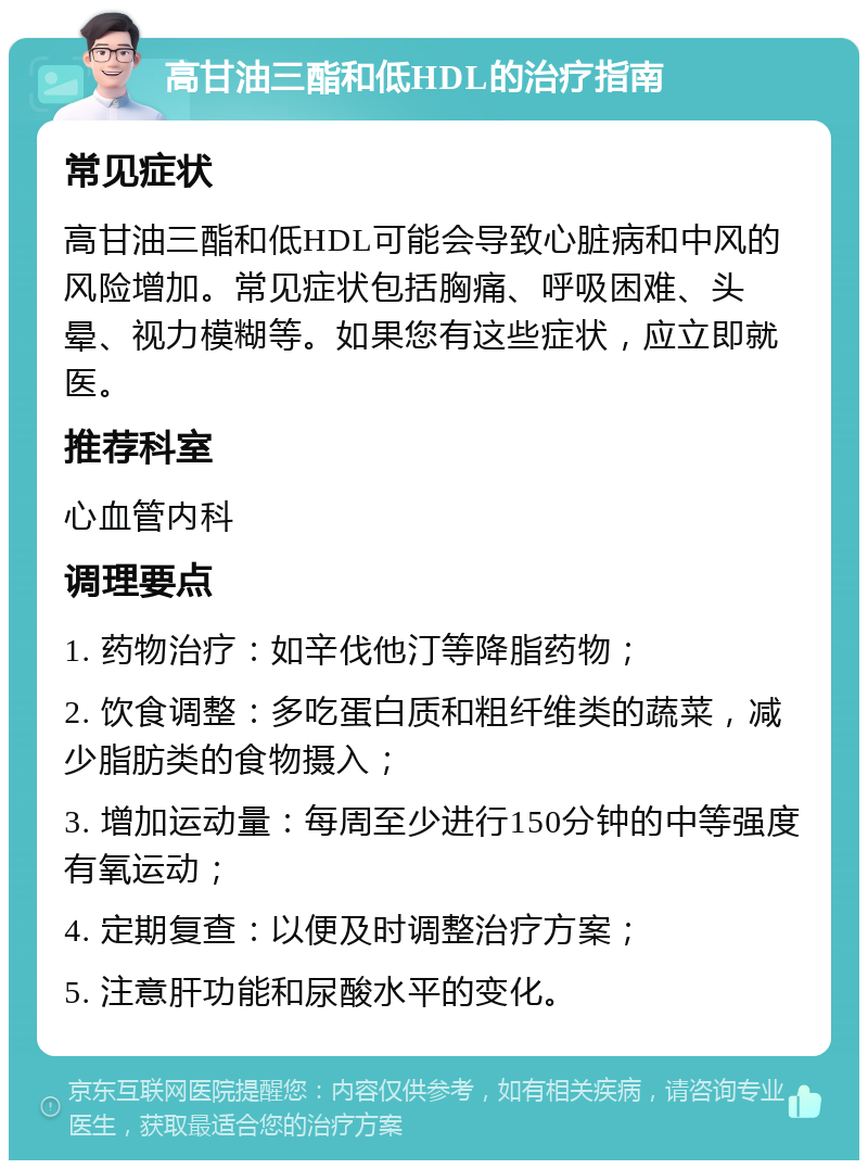 高甘油三酯和低HDL的治疗指南 常见症状 高甘油三酯和低HDL可能会导致心脏病和中风的风险增加。常见症状包括胸痛、呼吸困难、头晕、视力模糊等。如果您有这些症状，应立即就医。 推荐科室 心血管内科 调理要点 1. 药物治疗：如辛伐他汀等降脂药物； 2. 饮食调整：多吃蛋白质和粗纤维类的蔬菜，减少脂肪类的食物摄入； 3. 增加运动量：每周至少进行150分钟的中等强度有氧运动； 4. 定期复查：以便及时调整治疗方案； 5. 注意肝功能和尿酸水平的变化。