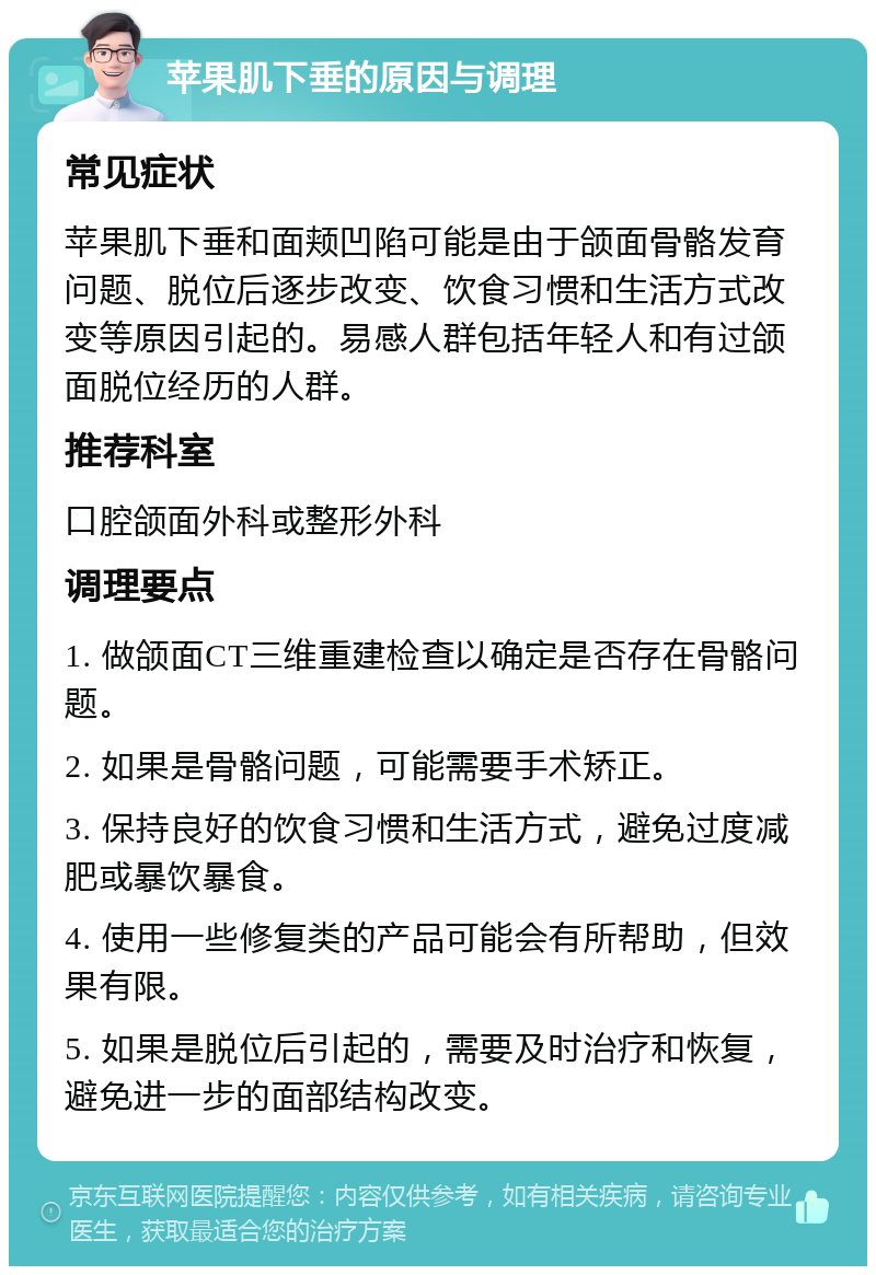 苹果肌下垂的原因与调理 常见症状 苹果肌下垂和面颊凹陷可能是由于颌面骨骼发育问题、脱位后逐步改变、饮食习惯和生活方式改变等原因引起的。易感人群包括年轻人和有过颌面脱位经历的人群。 推荐科室 口腔颌面外科或整形外科 调理要点 1. 做颌面CT三维重建检查以确定是否存在骨骼问题。 2. 如果是骨骼问题，可能需要手术矫正。 3. 保持良好的饮食习惯和生活方式，避免过度减肥或暴饮暴食。 4. 使用一些修复类的产品可能会有所帮助，但效果有限。 5. 如果是脱位后引起的，需要及时治疗和恢复，避免进一步的面部结构改变。