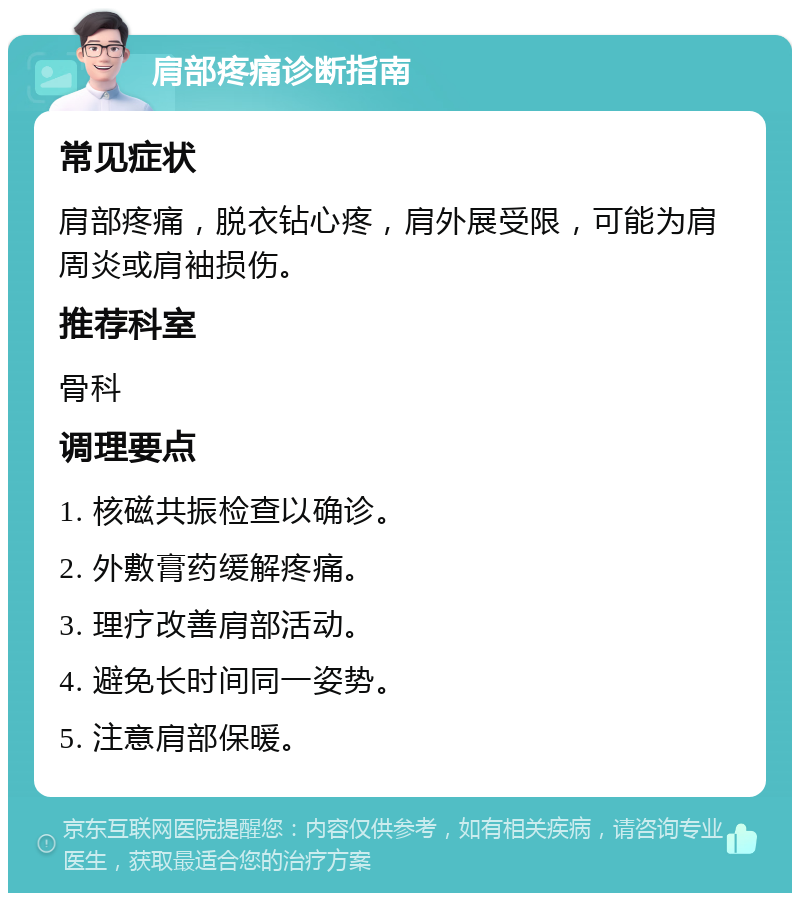 肩部疼痛诊断指南 常见症状 肩部疼痛，脱衣钻心疼，肩外展受限，可能为肩周炎或肩袖损伤。 推荐科室 骨科 调理要点 1. 核磁共振检查以确诊。 2. 外敷膏药缓解疼痛。 3. 理疗改善肩部活动。 4. 避免长时间同一姿势。 5. 注意肩部保暖。