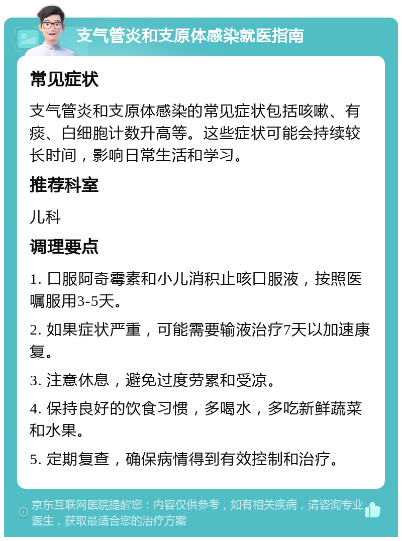 支气管炎和支原体感染就医指南 常见症状 支气管炎和支原体感染的常见症状包括咳嗽、有痰、白细胞计数升高等。这些症状可能会持续较长时间，影响日常生活和学习。 推荐科室 儿科 调理要点 1. 口服阿奇霉素和小儿消积止咳口服液，按照医嘱服用3-5天。 2. 如果症状严重，可能需要输液治疗7天以加速康复。 3. 注意休息，避免过度劳累和受凉。 4. 保持良好的饮食习惯，多喝水，多吃新鲜蔬菜和水果。 5. 定期复查，确保病情得到有效控制和治疗。