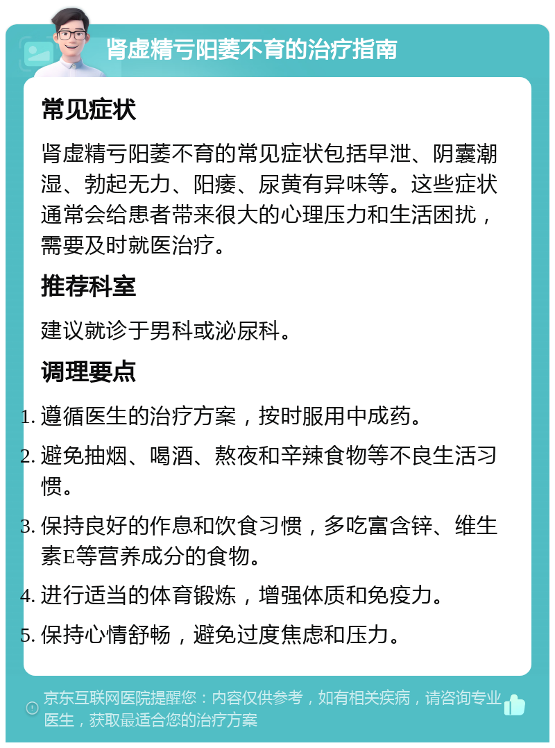 肾虚精亏阳萎不育的治疗指南 常见症状 肾虚精亏阳萎不育的常见症状包括早泄、阴囊潮湿、勃起无力、阳痿、尿黄有异味等。这些症状通常会给患者带来很大的心理压力和生活困扰，需要及时就医治疗。 推荐科室 建议就诊于男科或泌尿科。 调理要点 遵循医生的治疗方案，按时服用中成药。 避免抽烟、喝酒、熬夜和辛辣食物等不良生活习惯。 保持良好的作息和饮食习惯，多吃富含锌、维生素E等营养成分的食物。 进行适当的体育锻炼，增强体质和免疫力。 保持心情舒畅，避免过度焦虑和压力。