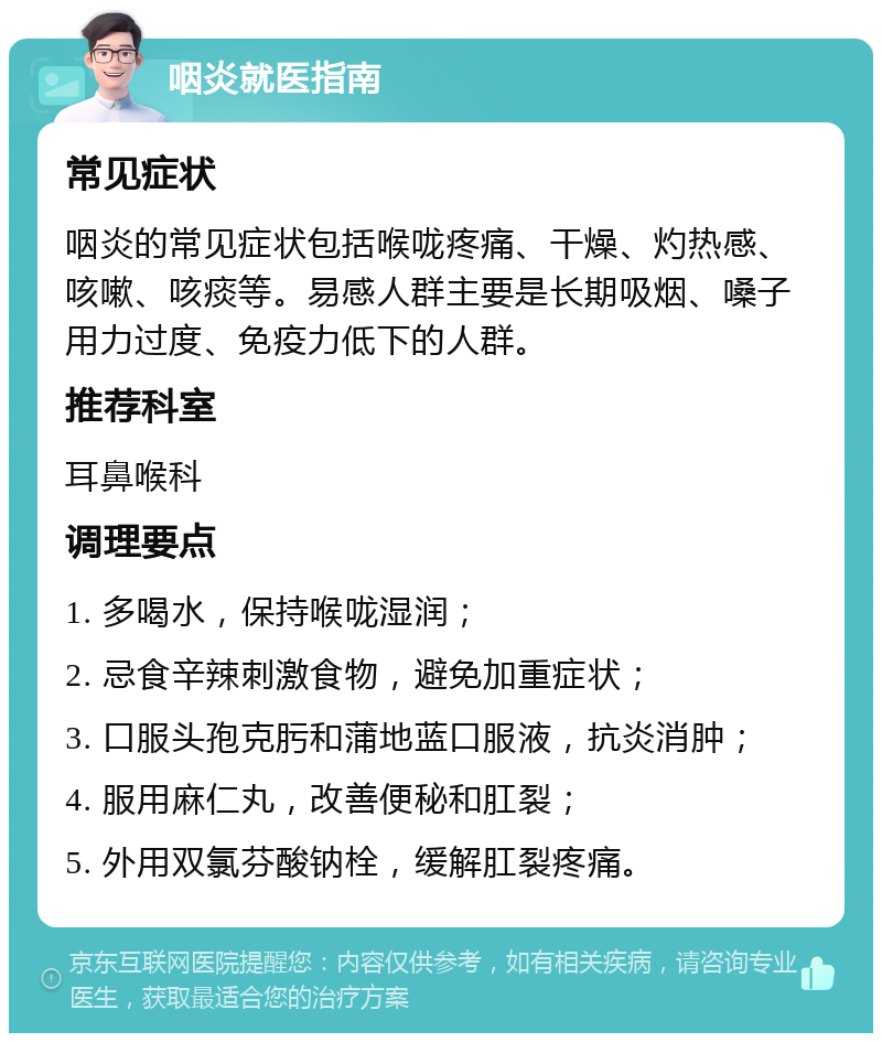 咽炎就医指南 常见症状 咽炎的常见症状包括喉咙疼痛、干燥、灼热感、咳嗽、咳痰等。易感人群主要是长期吸烟、嗓子用力过度、免疫力低下的人群。 推荐科室 耳鼻喉科 调理要点 1. 多喝水，保持喉咙湿润； 2. 忌食辛辣刺激食物，避免加重症状； 3. 口服头孢克肟和蒲地蓝口服液，抗炎消肿； 4. 服用麻仁丸，改善便秘和肛裂； 5. 外用双氯芬酸钠栓，缓解肛裂疼痛。